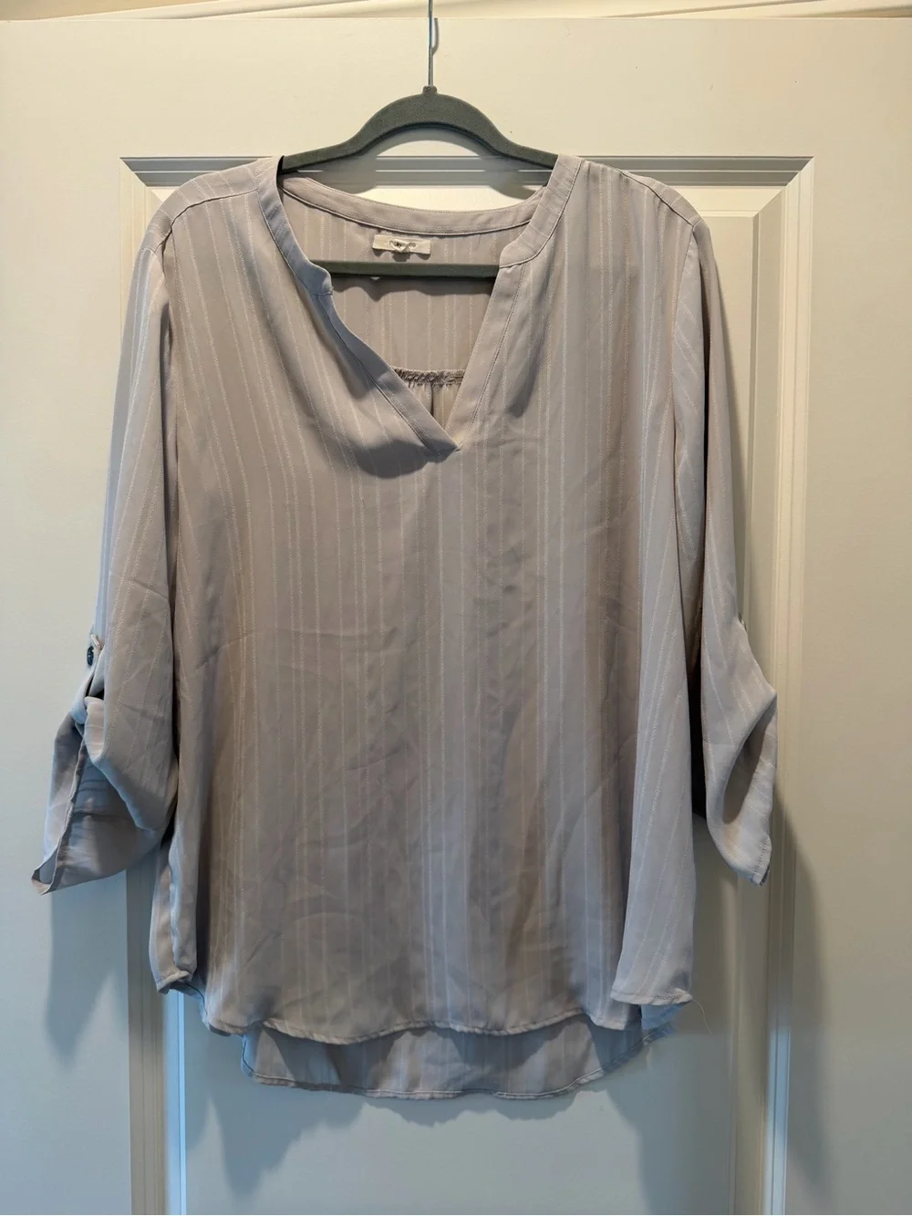 Maurices Light Gray Stripe V-Neck Roll Tab Sleeve Tunic